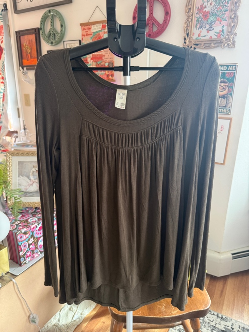 We The Free Women's Brown Long Sleeve Scoop Neck Top